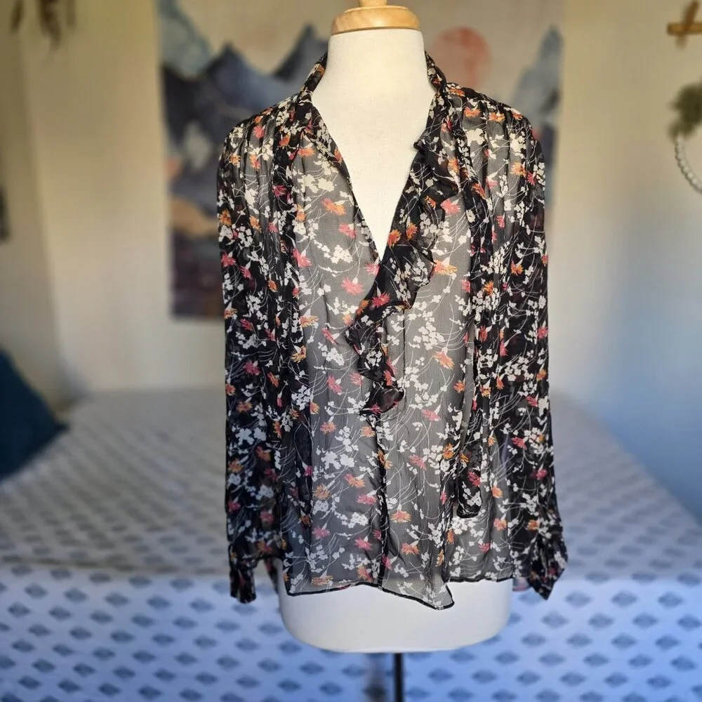 Joie Black Pink Silk Sheer Floral Ruffle Tie Neck Blouse Size M Boho Romantic - Picture 4 of 14